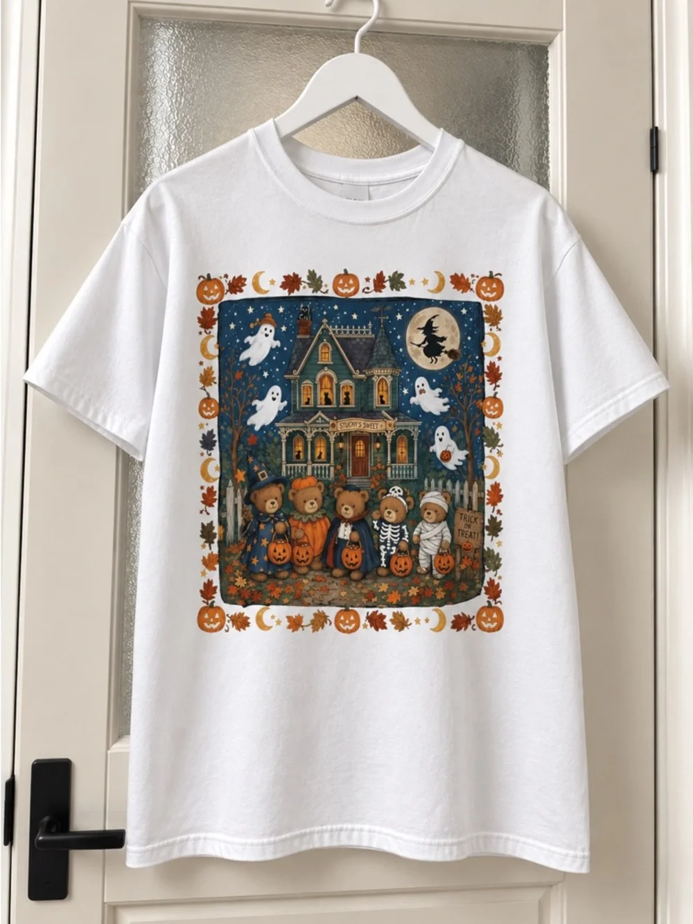 Halloween Bear Family and Ghost Graphic White T-Shirt